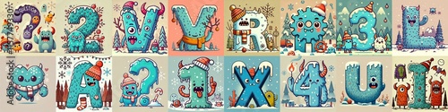 Obraz na płótnie Cartoon Winter Monsters Lettering Typeface. AI generated illustration w salonie