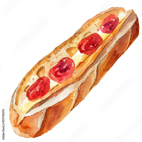 A watercolor drawing of a French baguette with butter and jam, isolated on a white background. Baguette vector.
