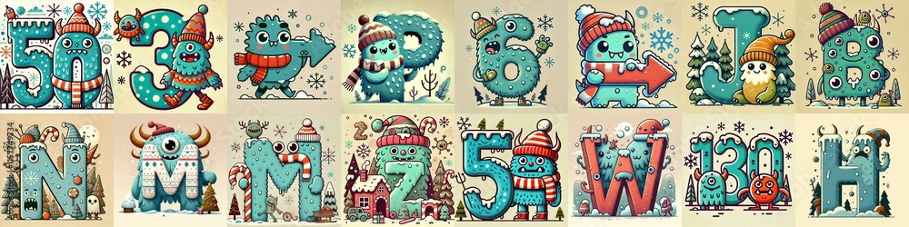 Cartoon Winter Monsters Lettering Typeface. AI generated illustration