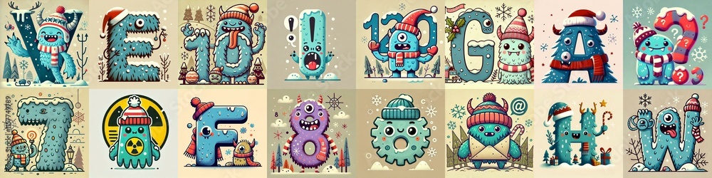 Cartoon Winter Monsters Lettering Typeface. AI generated illustration