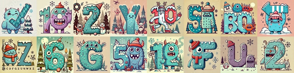 Cartoon Winter Monsters Lettering Typeface. AI generated illustration