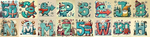 Obraz na płótnie Cartoon Winter Monsters Lettering Typeface. AI generated illustration w salonie