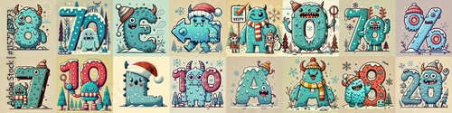 Obraz na płótnie Cartoon Winter Monsters Lettering Typeface. AI generated illustration w salonie