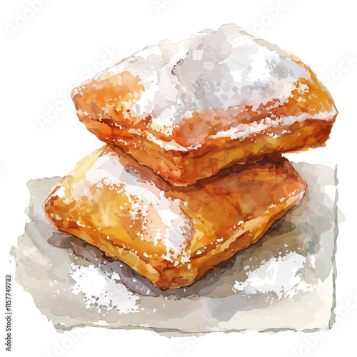 A watercolor drawing of French beignets with powdered sugar, isolated on a white background. Beignets vector.
