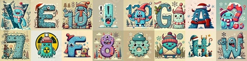 Obraz na płótnie Cartoon Winter Monsters Lettering Typeface. AI generated illustration w salonie