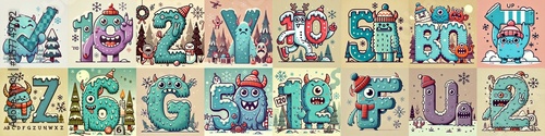 Obraz na płótnie Cartoon Winter Monsters Lettering Typeface. AI generated illustration w salonie