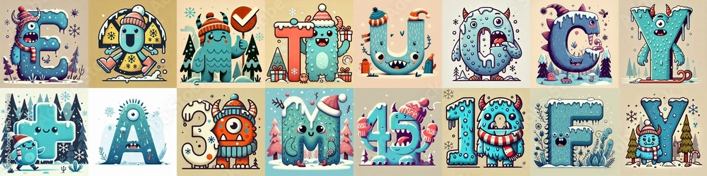 Cartoon Winter Monsters Lettering Typeface. AI generated illustration