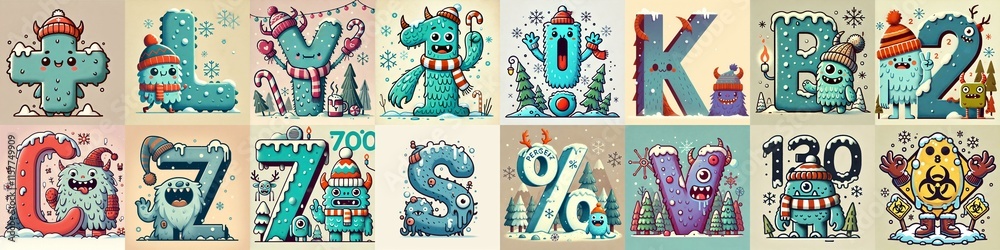 Cartoon Winter Monsters Lettering Typeface. AI generated illustration
