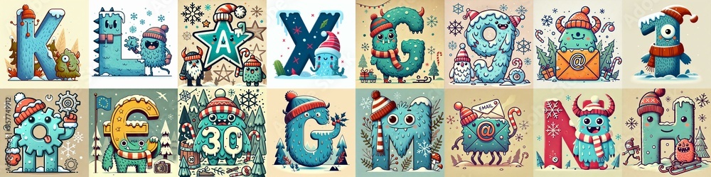 Cartoon Winter Monsters Lettering Typeface. AI generated illustration