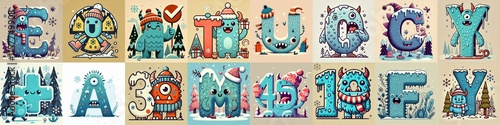 Obraz na płótnie Cartoon Winter Monsters Lettering Typeface. AI generated illustration w salonie