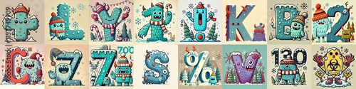 Obraz na płótnie Cartoon Winter Monsters Lettering Typeface. AI generated illustration w salonie