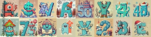 Obraz na płótnie Cartoon Winter Monsters Lettering Typeface. AI generated illustration w salonie
