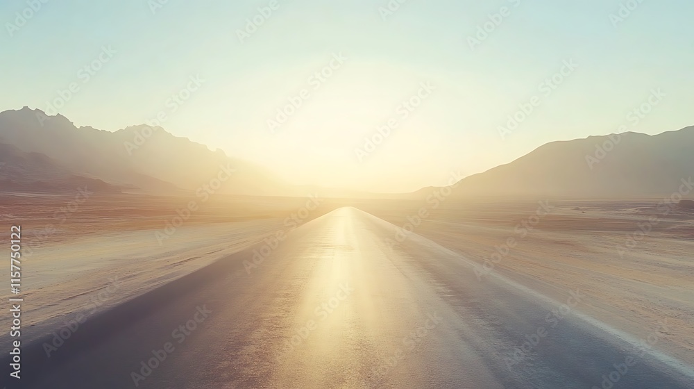 Fototapeta premium Serene Sunset Road: A Wide Shot Photo of a Highway Stretching Towards a Glowing Horizon. AI Generated