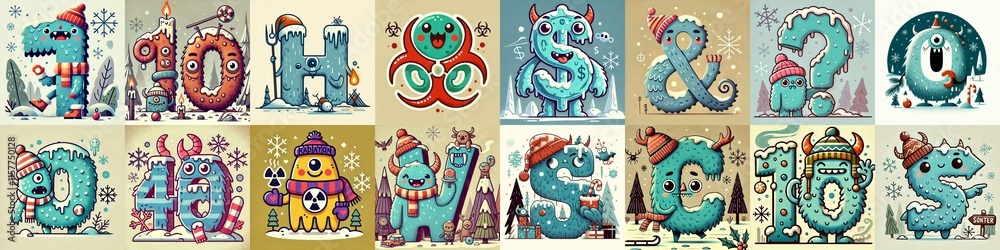 Cartoon Winter Monsters Lettering Typeface. AI generated illustration