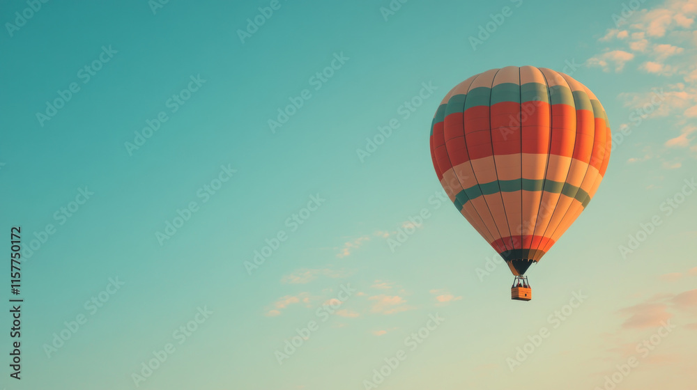 Fototapeta premium Colorful hot air balloon floats in a clear blue sky.
