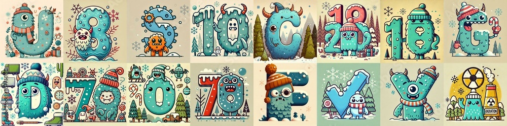 Cartoon Winter Monsters Lettering Typeface. AI generated illustration