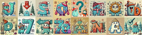 Obraz na płótnie Cartoon Winter Monsters Lettering Typeface. AI generated illustration w salonie