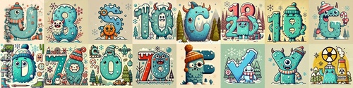 Obraz na płótnie Cartoon Winter Monsters Lettering Typeface. AI generated illustration w salonie