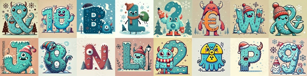 Cartoon Winter Monsters Lettering Typeface. AI generated illustration