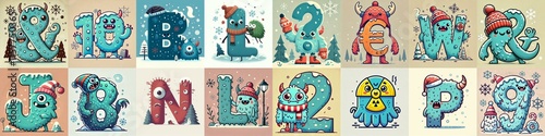 Obraz na płótnie Cartoon Winter Monsters Lettering Typeface. AI generated illustration w salonie