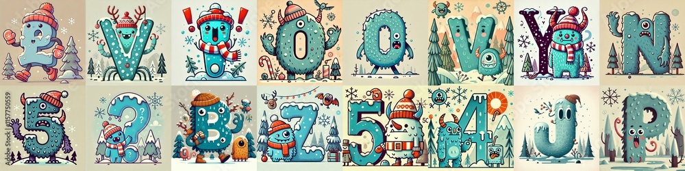 Cartoon Winter Monsters Lettering Typeface. AI generated illustration