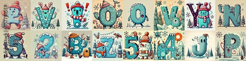 Obraz na płótnie Cartoon Winter Monsters Lettering Typeface. AI generated illustration w salonie