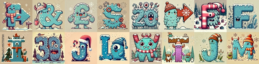 Cartoon Winter Monsters Lettering Typeface. AI generated illustration