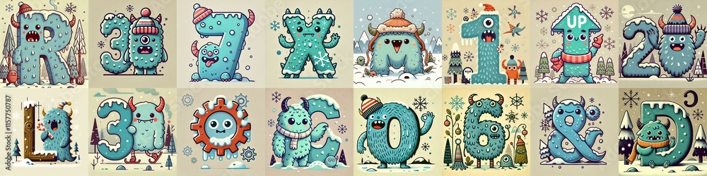 Cartoon Winter Monsters Lettering Typeface. AI generated illustration
