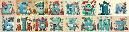 Obraz na płótnie Cartoon Winter Monsters Lettering Typeface. AI generated illustration w salonie