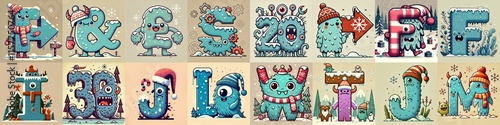 Obraz na płótnie Cartoon Winter Monsters Lettering Typeface. AI generated illustration w salonie