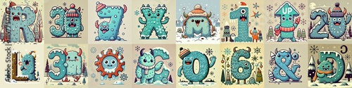 Obraz na płótnie Cartoon Winter Monsters Lettering Typeface. AI generated illustration w salonie