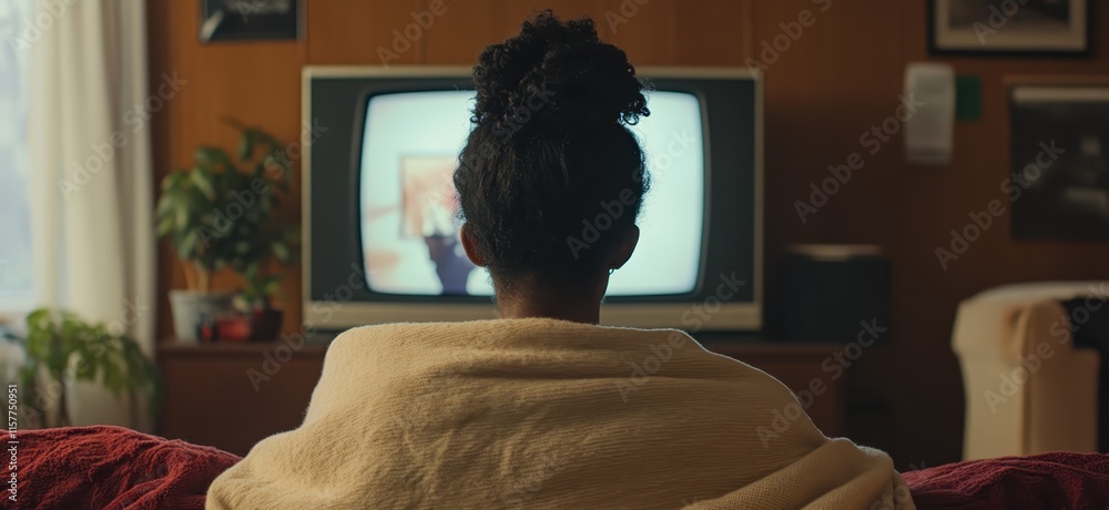 A woman wrapped in a blanket watching TV, the photo taken from behind her head with a close-up of the television screen showing an action movie. A woman wrapped in a blanket watching TV, the photo taken from behind her head with a close-up of the television screen showing an action movie.