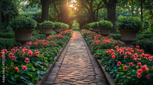 A garden pathway lined with bushes, flowers, and small ornamental trees, creating a tranquil and inviting atmosphere.