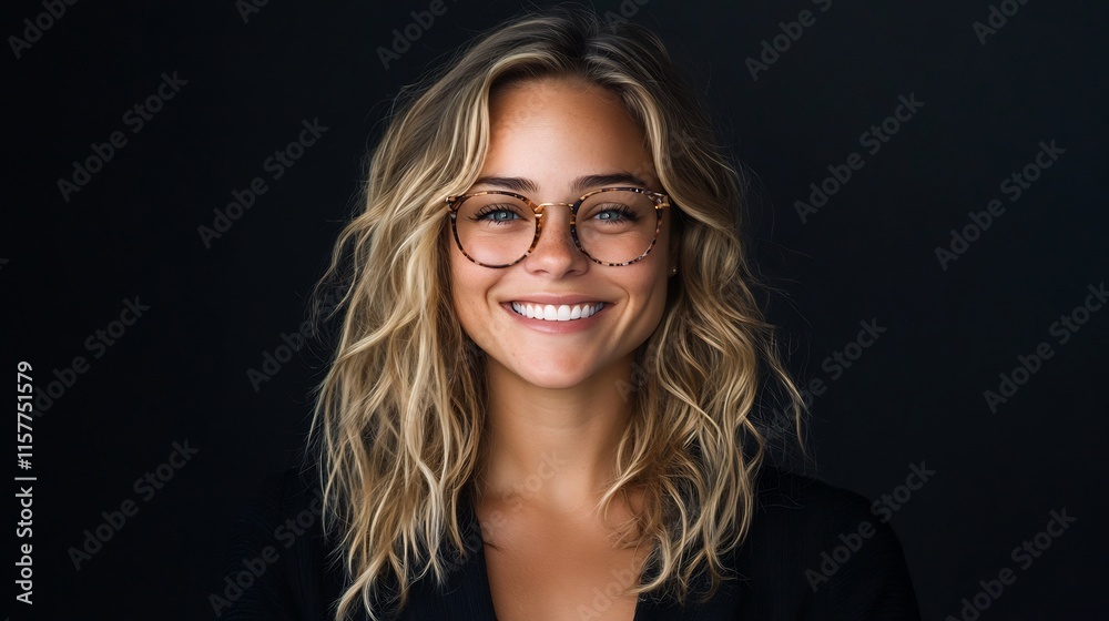 Close-up Photo: Smiling Woman with Wavy Blonde Hair and Glasses Against Dark Background. AI Generated Close-up Photo: Smiling Woman with Wavy Blonde Hair and Glasses Against Dark Background. AI Generated