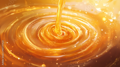 Golden honey pours, creating swirls and drips. sweet, viscous texture. Velutinous. Illustration photo