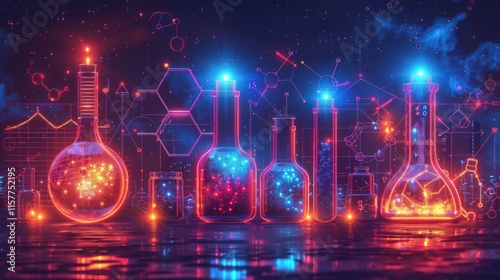 Produce a neon set of innovation symbols, shimmering lightbulbs, sparkling