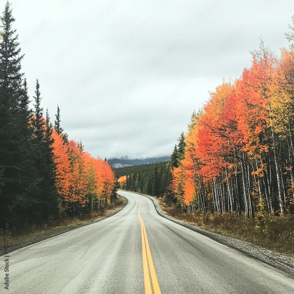 Fototapeta premium Morning on the road to Jasper, Alberta, Canada during fall season with trees changing colors 