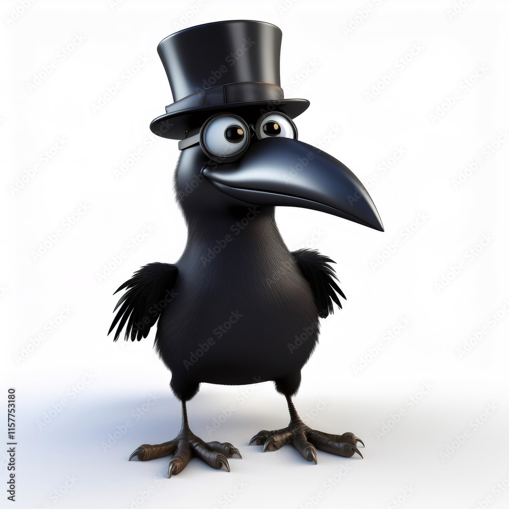 Obraz premium 3d rendering of a funny cartoon crow wearing monocle and top hat, isolated on white background