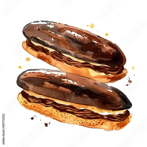 A watercolor clipart of French chocolate éclairs with cream filling, isolated on a white background. Éclairs vector.
