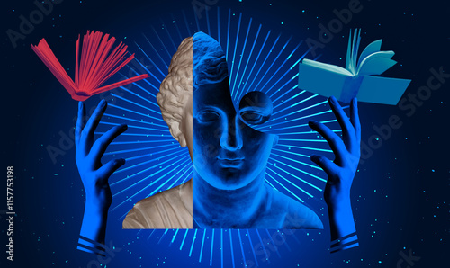 Abstract human antique statue and books. Creative idea symbol, art design or collage. Mental Health, thinking, psychology, education concept