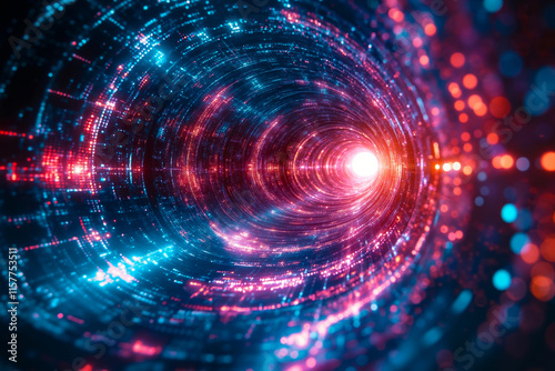 A red and blue abstract background with a black hole in the center