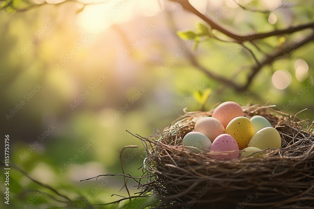 Ostereier im natürlichen Nest im Morgenlicht Ostereier im natürlichen Nest im Morgenlicht