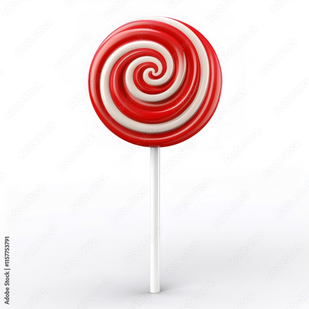 Striped red white swirled lollipop resting vertically on white stick against pristine background Striped red white swirled lollipop resting vertically on white stick against pristine background