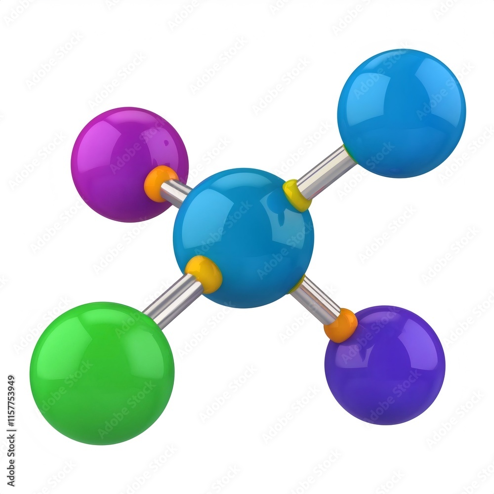 3D rendering of a colorful molecule model with atoms connected by bonds, isolated on white background 3D rendering of a colorful molecule model with atoms connected by bonds, isolated on white background