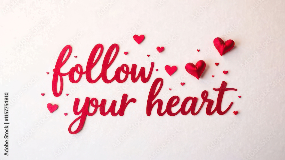 Inspirational red heart design with 'follow your heart' message in cursive font Inspirational red heart design with 'follow your heart' message in cursive font