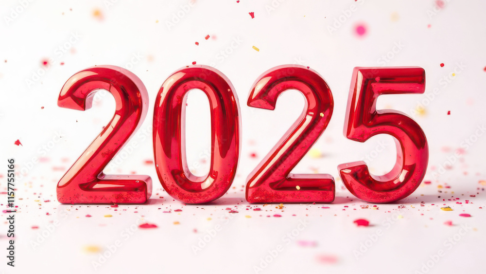 Celebrating 2025: vibrant red numbers with colorful confetti Celebrating 2025: vibrant red numbers with colorful confetti