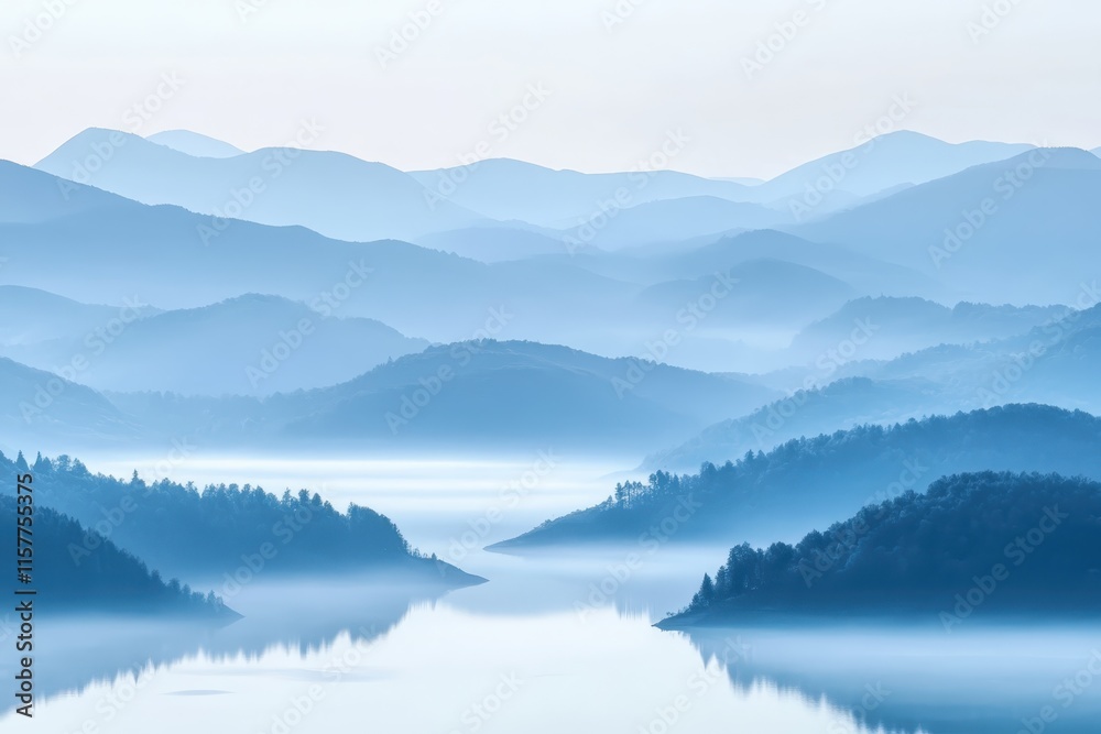 Beautiful lake in the mountains, with a foggy atmosphere, blue color tones Beautiful lake in the mountains, with a foggy atmosphere, blue color tones