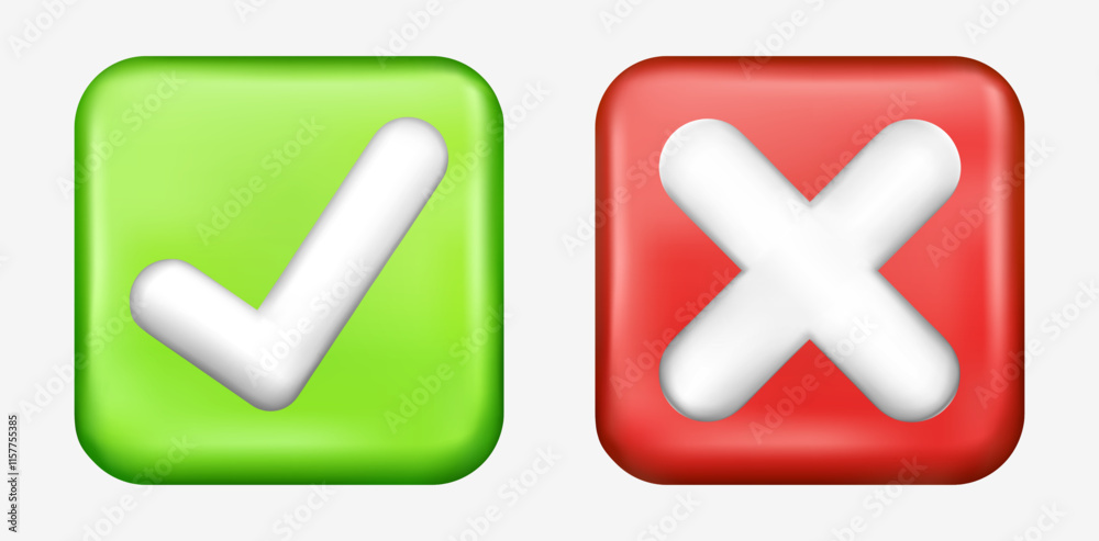 Realistic green check marks 3d. Green tick. Correct. Trendy symbol sign. Vector. Ok. Verified. Textbox and checkbox. Frame vote. Done. Plastic render shape. Gold background. Red cross. Wrong Realistic green check marks 3d. Green tick. Correct. Trendy symbol sign. Vector. Ok. Verified. Textbox and checkbox. Frame vote. Done. Plastic render shape. Gold background. Red cross. Wrong