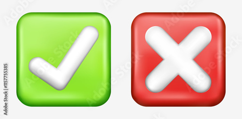 Realistic green check marks 3d. Green tick. Correct. Trendy symbol sign. Vector. Ok. Verified. Textbox and checkbox. Frame vote. Done. Plastic render shape. Gold background. Red cross. Wrong