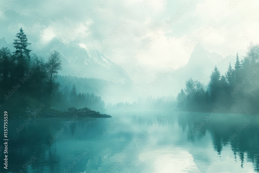 Naklejka premium Beautiful lake in the mountains, with a foggy atmosphere, blue color tones